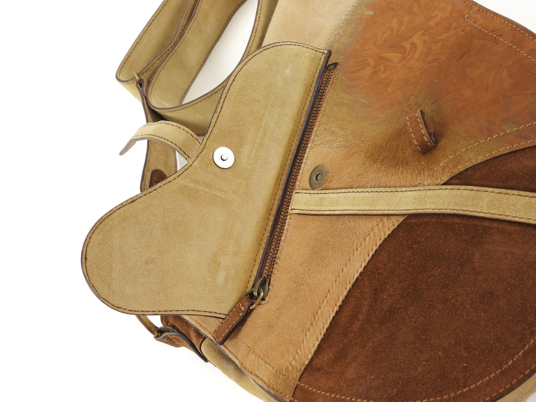 Christian Dior Brown x Galliano Vintage 2002 Suede Pony Hide Large Saddle Bag