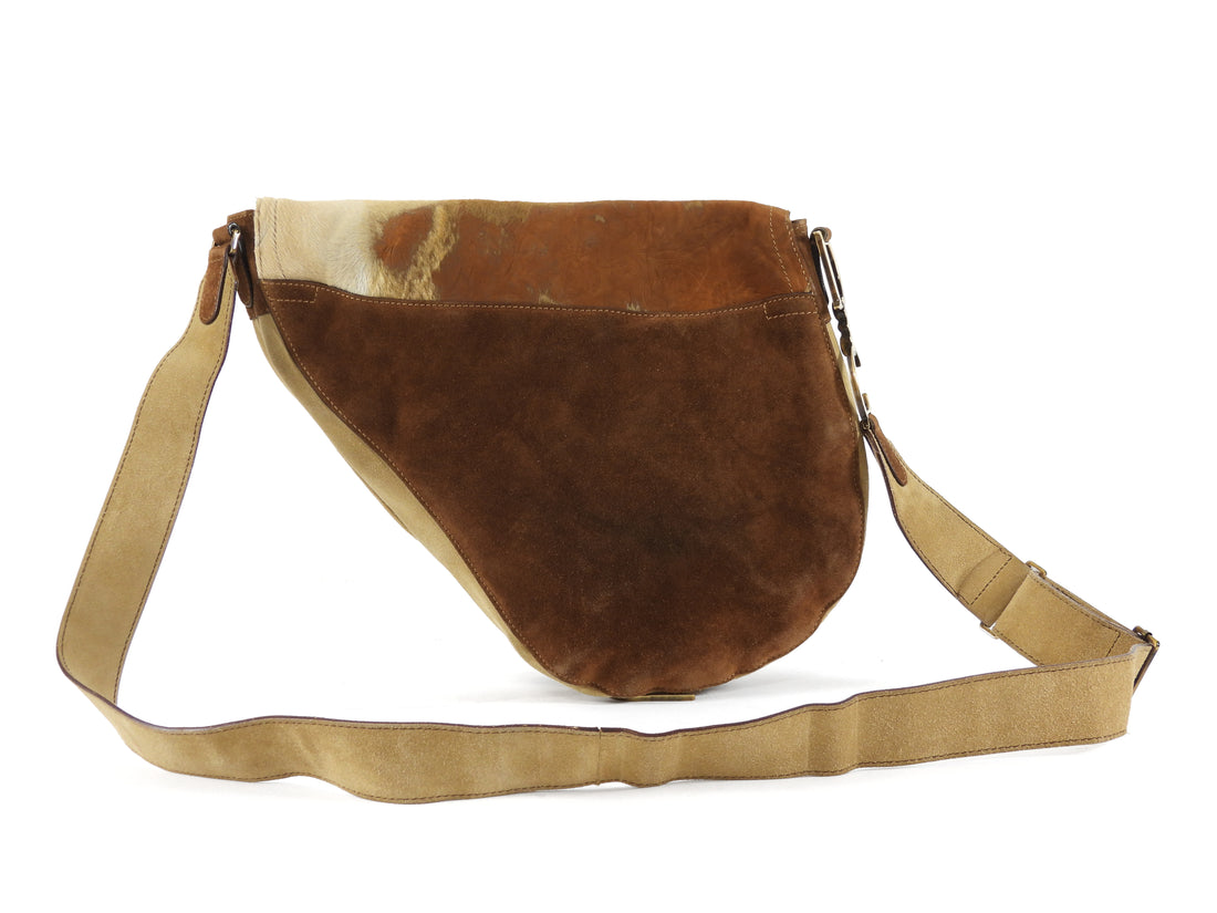 Christian Dior Brown x Galliano Vintage 2002 Suede Pony Hide Large Saddle Bag