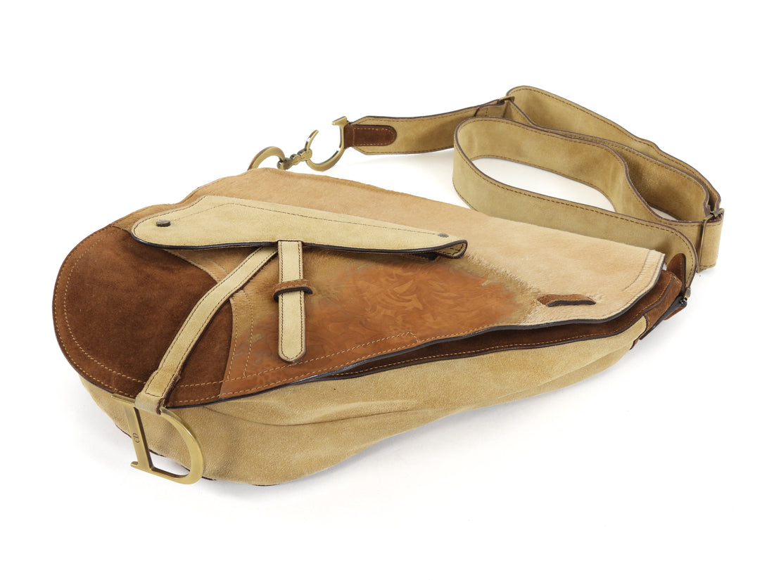 Christian Dior Brown x Galliano Vintage 2002 Suede Pony Hide Large Saddle Bag