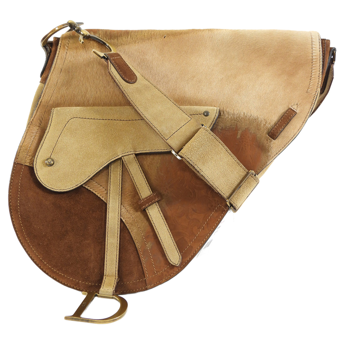 Christian Dior Brown x Galliano Vintage 2002 Suede Pony Hide Large Saddle Bag