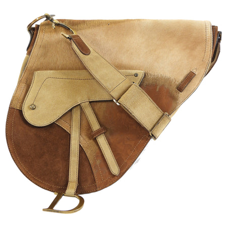 Christian Dior Brown x Galliano Vintage 2002 Suede Pony Hide Large Saddle Bag
