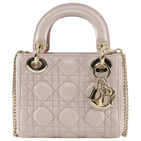Christian Dior Mini Lady Dior Cannage Quilted Blush Pink Pearly Leather Two Way Bag GHW
