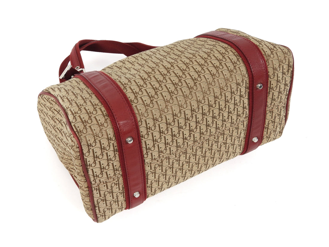 Dior 2005 Vintage Street Chic Red Tan Oblique Canvas Diorissimo Boston Bag