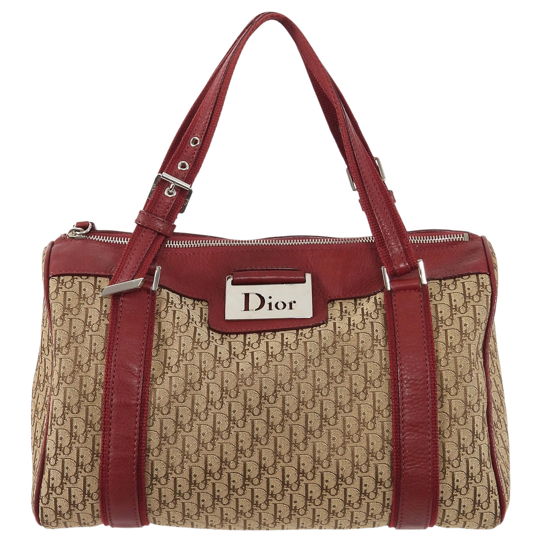 Dior 2005 Vintage Street Chic Red Tan Oblique Canvas Diorissimo Boston Bag