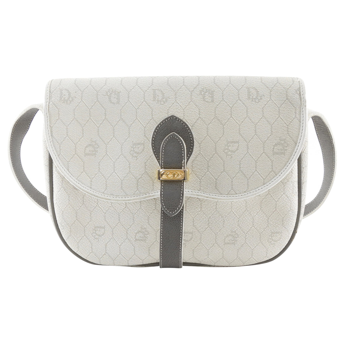 Christian Dior Vintage White Honeycomb Coated Canvas and Grey Leather Small Messenger Shoulder Bag
