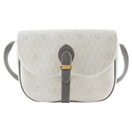 Christian Dior Vintage White Honeycomb Coated Canvas and Grey Leather Small Messenger Shoulder Bag