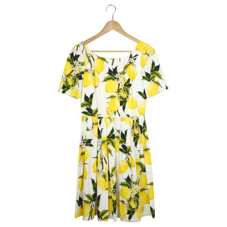 Dolce and Gabbana Yellow, Green and White Lemon Print Cotton Midi Dress -
