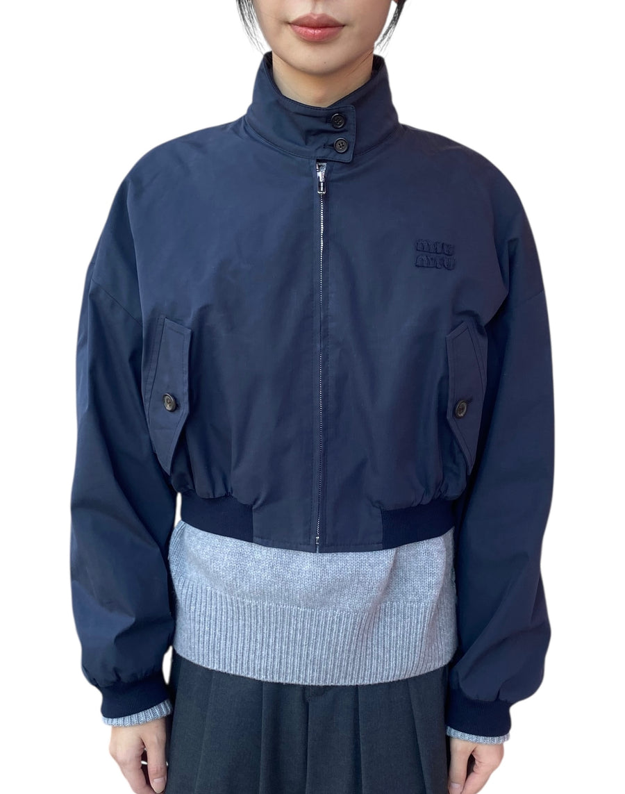 Miu Miu Navy Panama Cropped Bomber Jacket - 40 / US 6