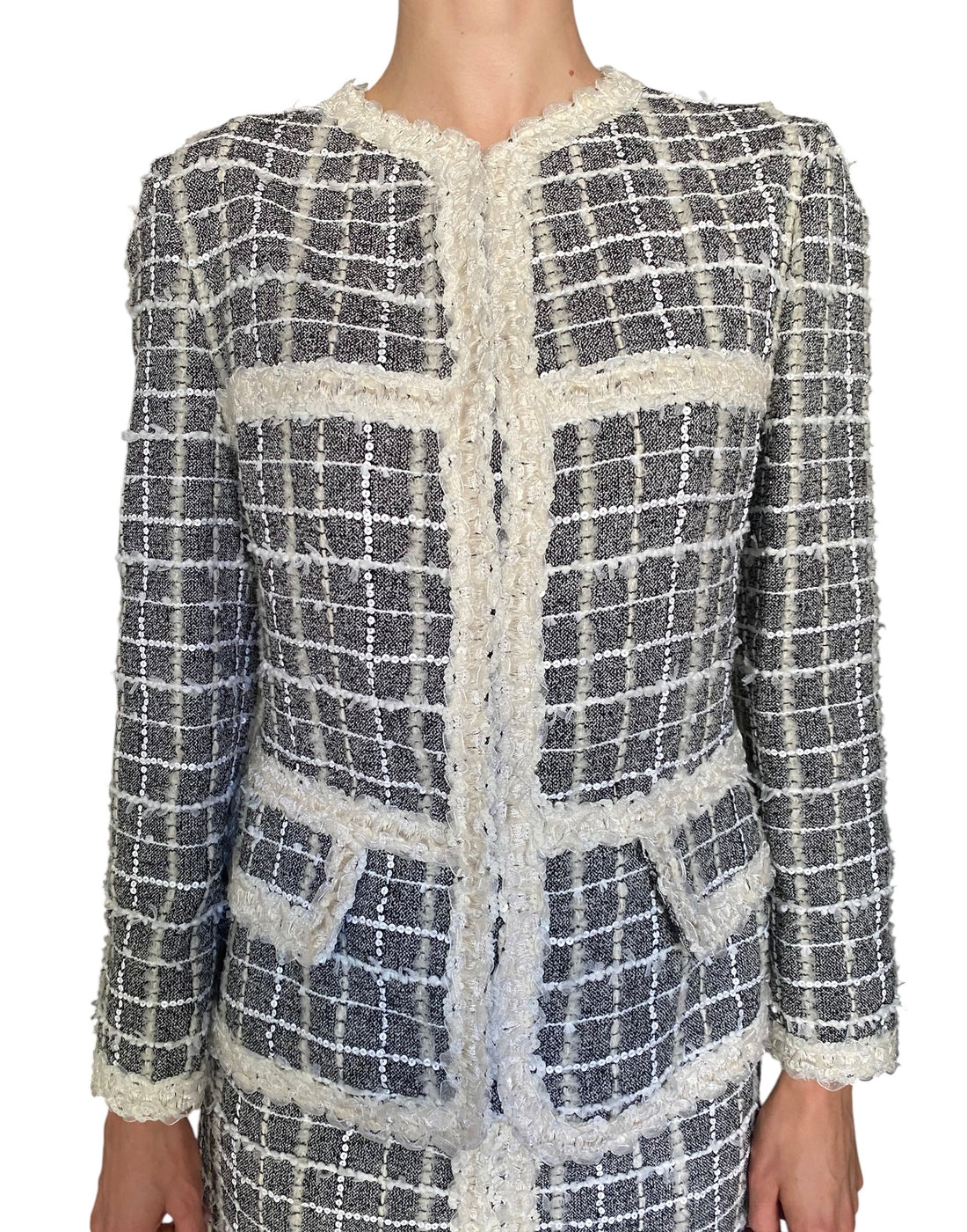 Giambattista Valli Grey & White Sequin Check Tweed 2-Piece Jacket & Skirt Set - IT 44 / US 6-8