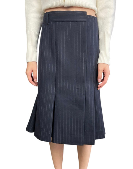 Sacai Navy Pinstripe Pleated Midi Skirt - JP 3 / L / US 8