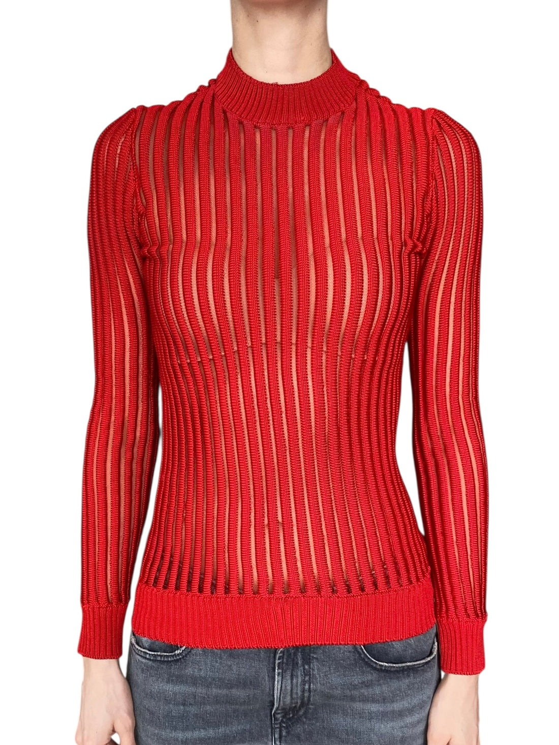 Balmain Red Rib Knit Mesh Long-Sleeve Top - US 0-2