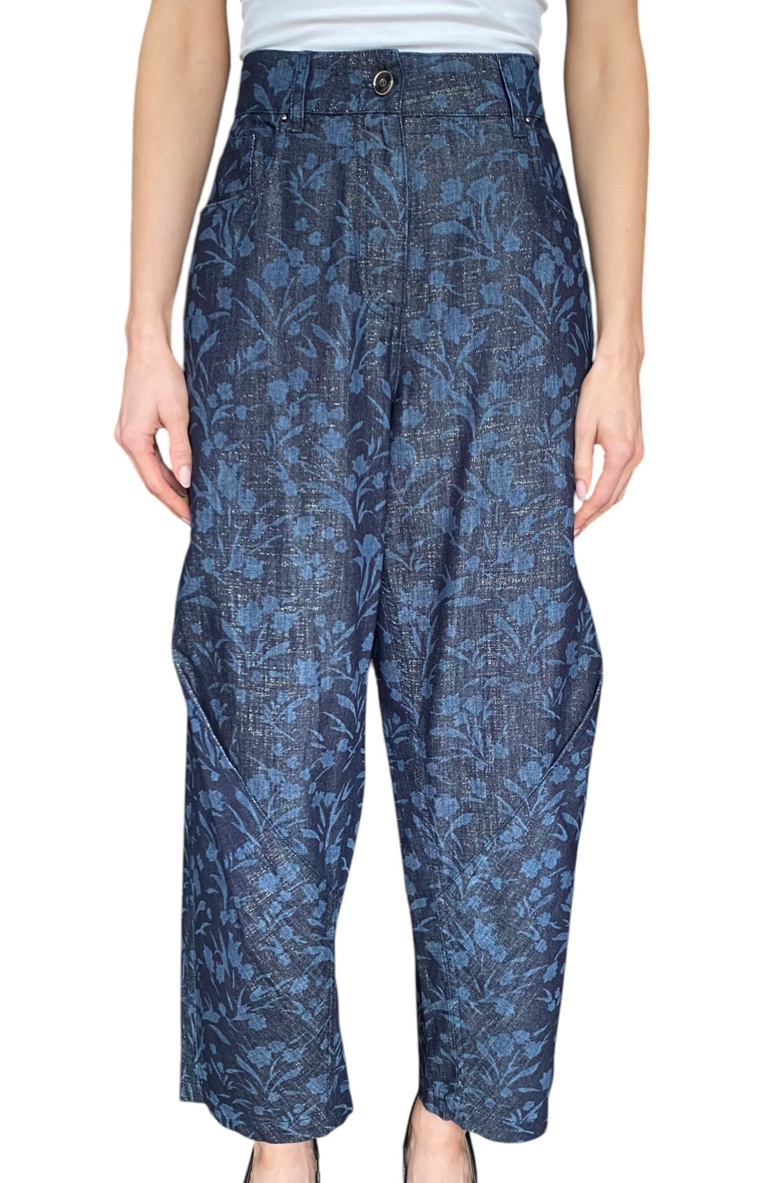 Giorgio Armani Navy Denim Floral Printed Metallic Wide-Leg Jeans - IT 44 / US 8-10