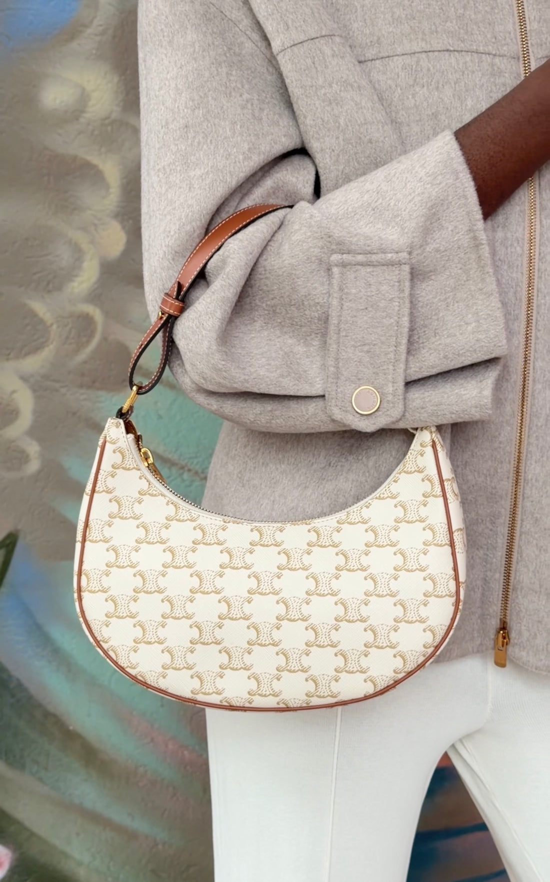 Celine Brown White Ava Medium Triomphe Coated Canvas Shoulder Bag
