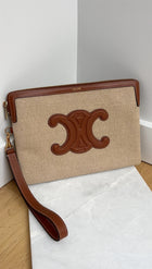 Celine Canvas and Tan Leather Triomphe Zip Pouch Clutch Bag