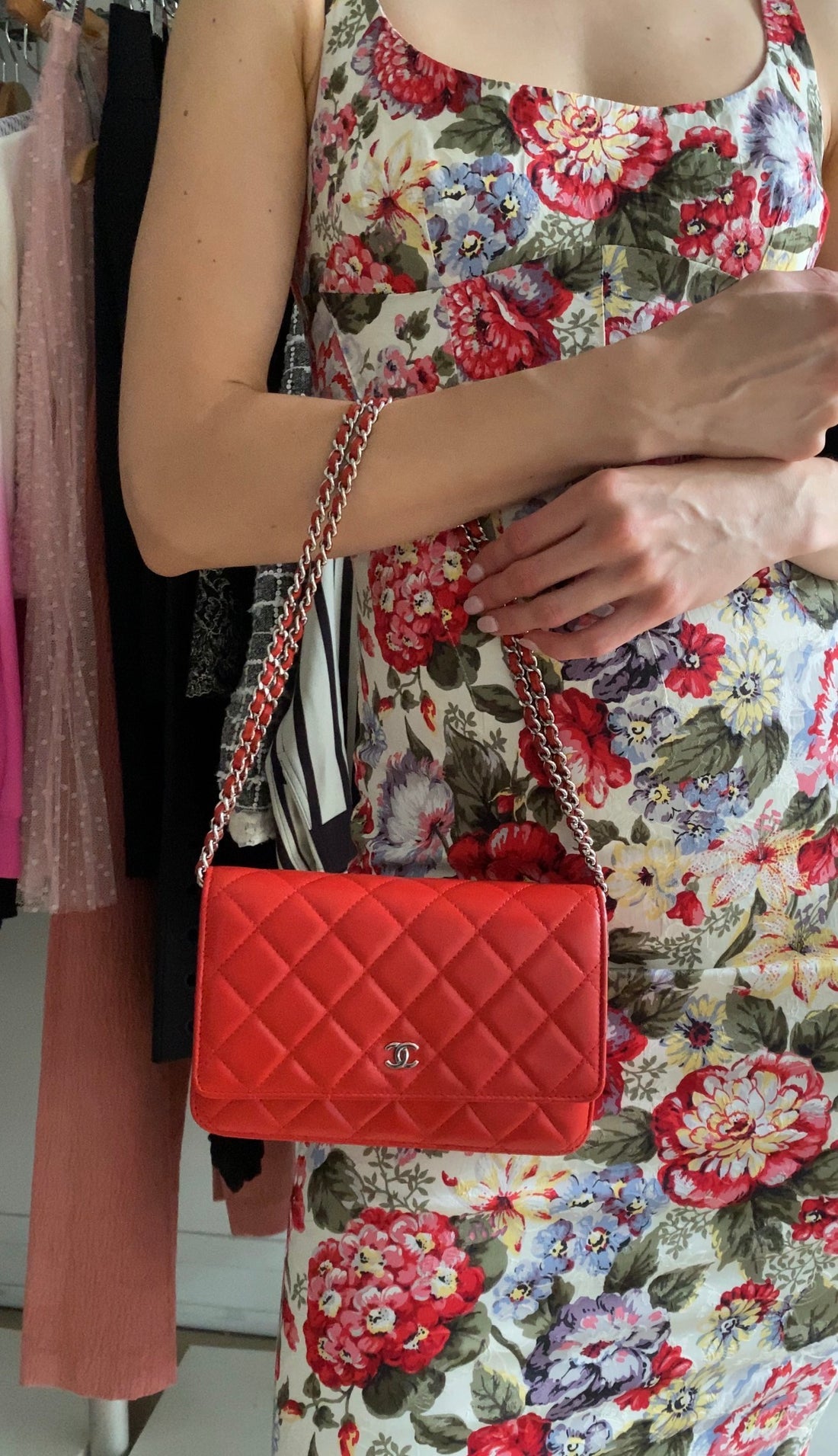 Chanel Red Lambskin Leather CC Classic Wallet on Chain SHW