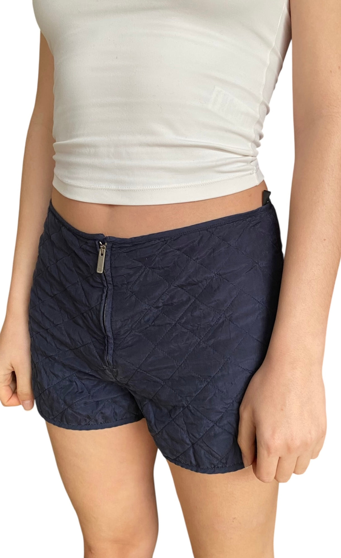 Dior Navy Quilted Distressed Silk Zipper Short Shorts - IT 42 / US 6