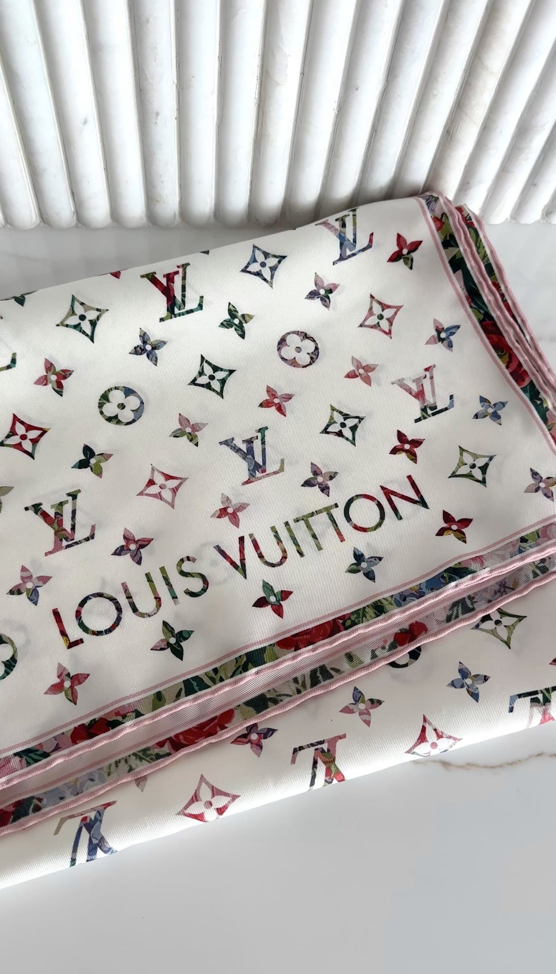 Louis Vuitton Pink and White Monogram Silk Garden 90cm Shawl Scarf