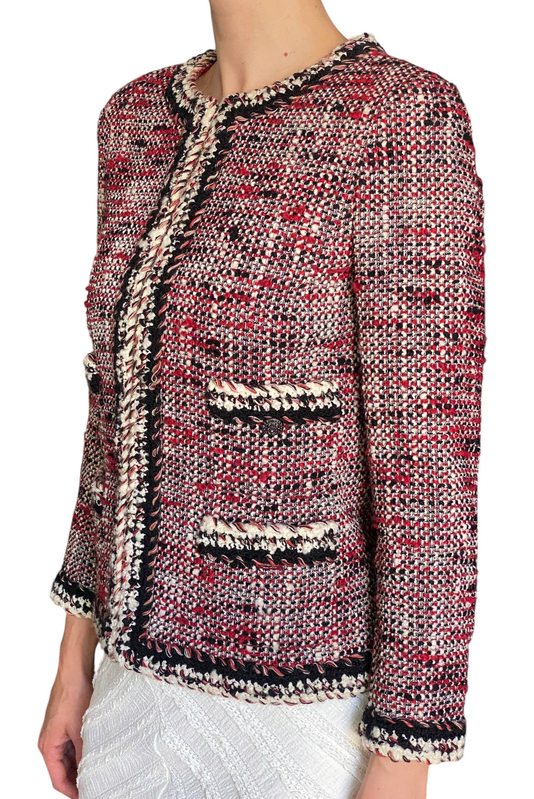 Chanel 2010 Red Tweed Boucle Ruthenium Button Jacket - FR 36 / US 2
