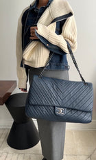 Chanel Navy Blue Chevron Quilted XXL Travel Flap Bag