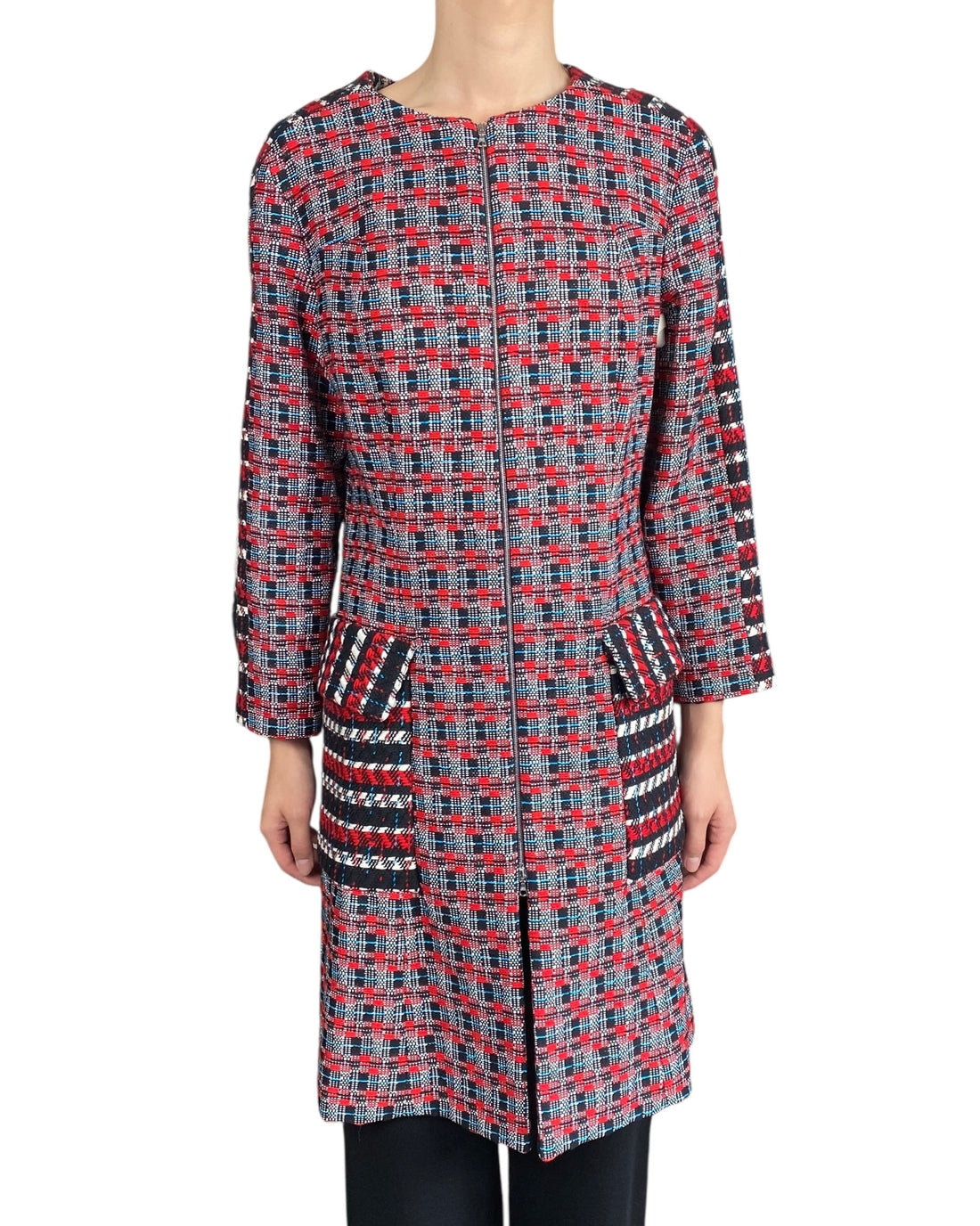 Oscar De La Renta 2015 Black & Red Tweed Check Coat - US 12