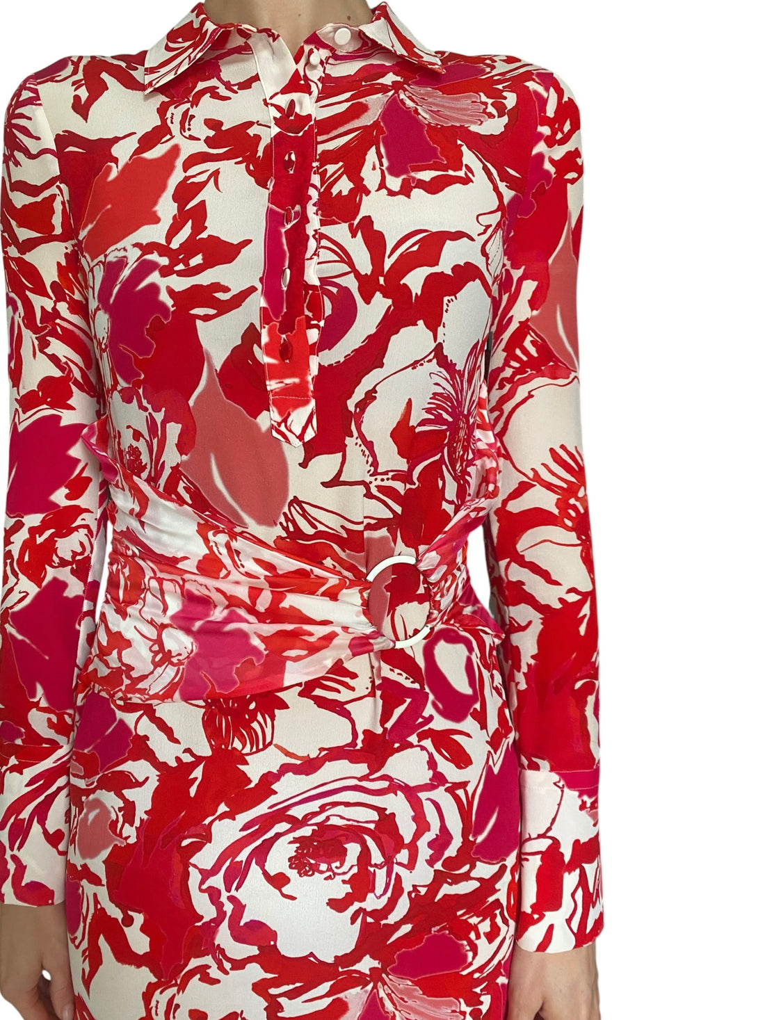 Roberto Cavalli Red Floral Printed Long-Sleeve Collared Dress - US 2-4
