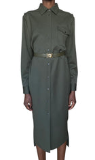 Prada Green Logo-Belt Button Down Wool Midi Dress - 44 / US 8