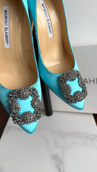 Manolo Blahnik Turquoise Silk Hangisi 105 Pumps - 36