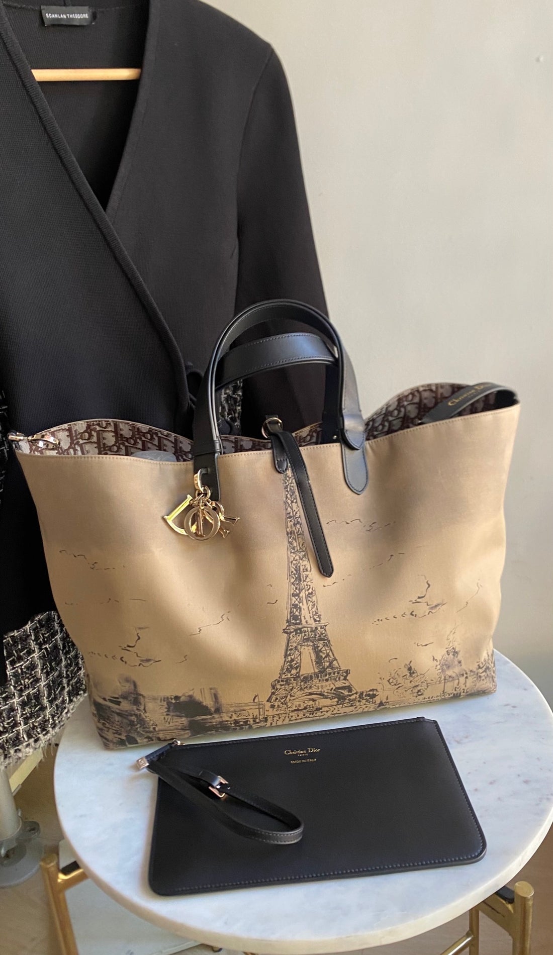Dior Taupe Black Large Toujours Oblique Nylon Eiffel Tower Large Tote Bag
