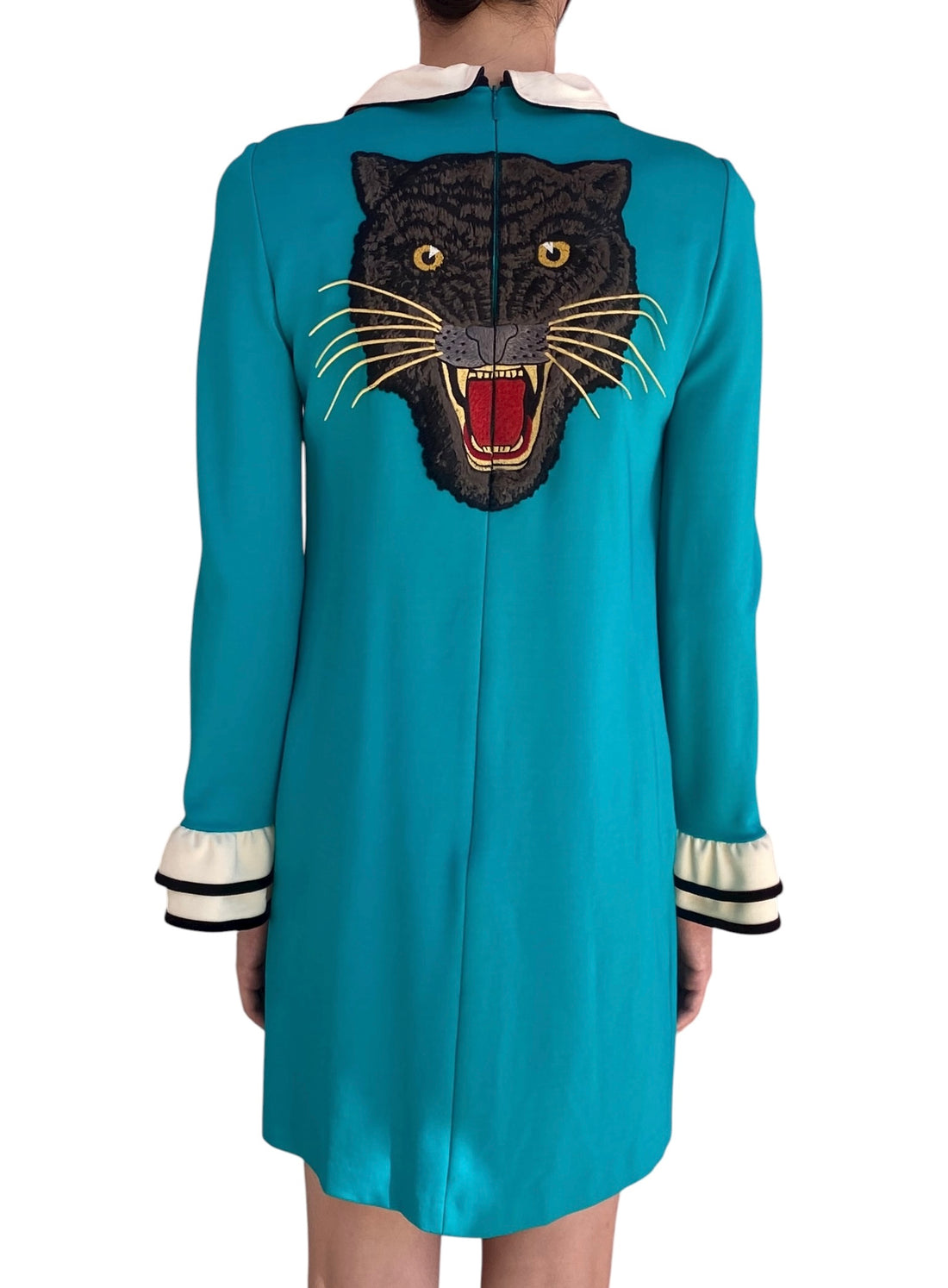 Gucci Turquoise 60's Style Ruffled-Bib Cat Embroidered Dress