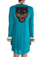 Gucci Turquoise 60’s Style Ruffled-Bib Cat Embroidered Dress - L