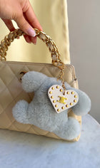 Celine Pale Sage Green Triomphe Shearling Pom Pom Studded Heart Charm Keyring