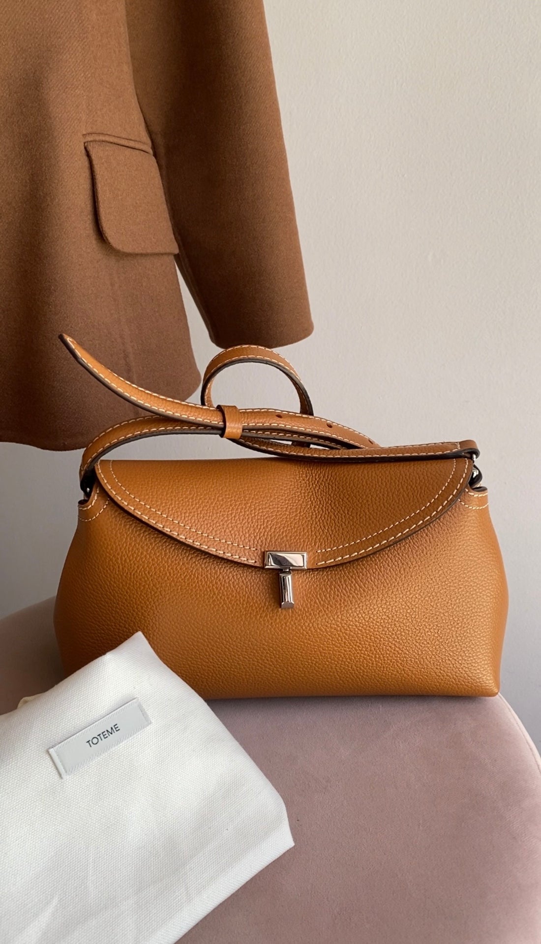 Toteme Tan Pebble Grain Leather T-Lock Clutch Shoulder Bag
