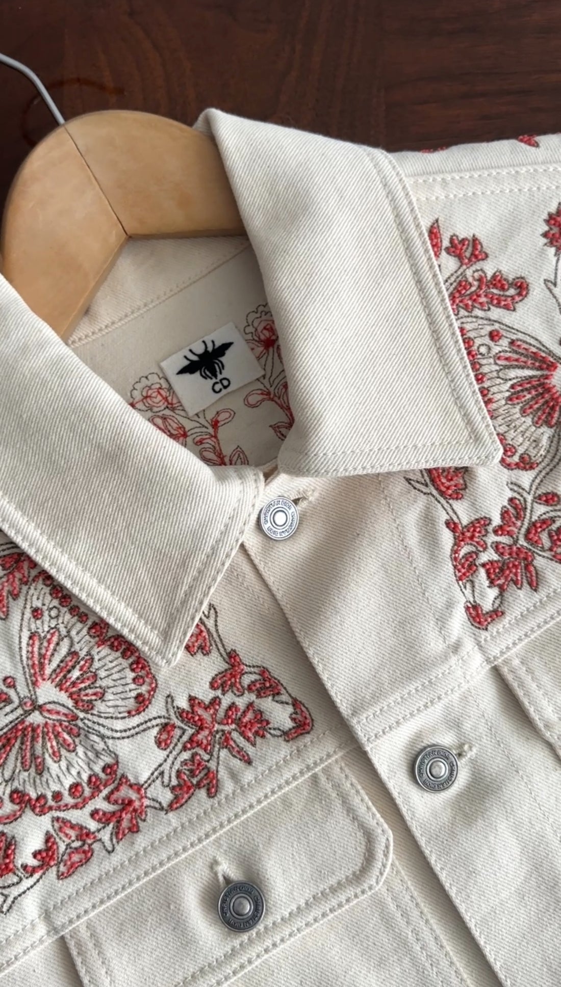 Dior Ivory Denim Jacket with Coral Butterfly Bead Detail - FR38 / 6