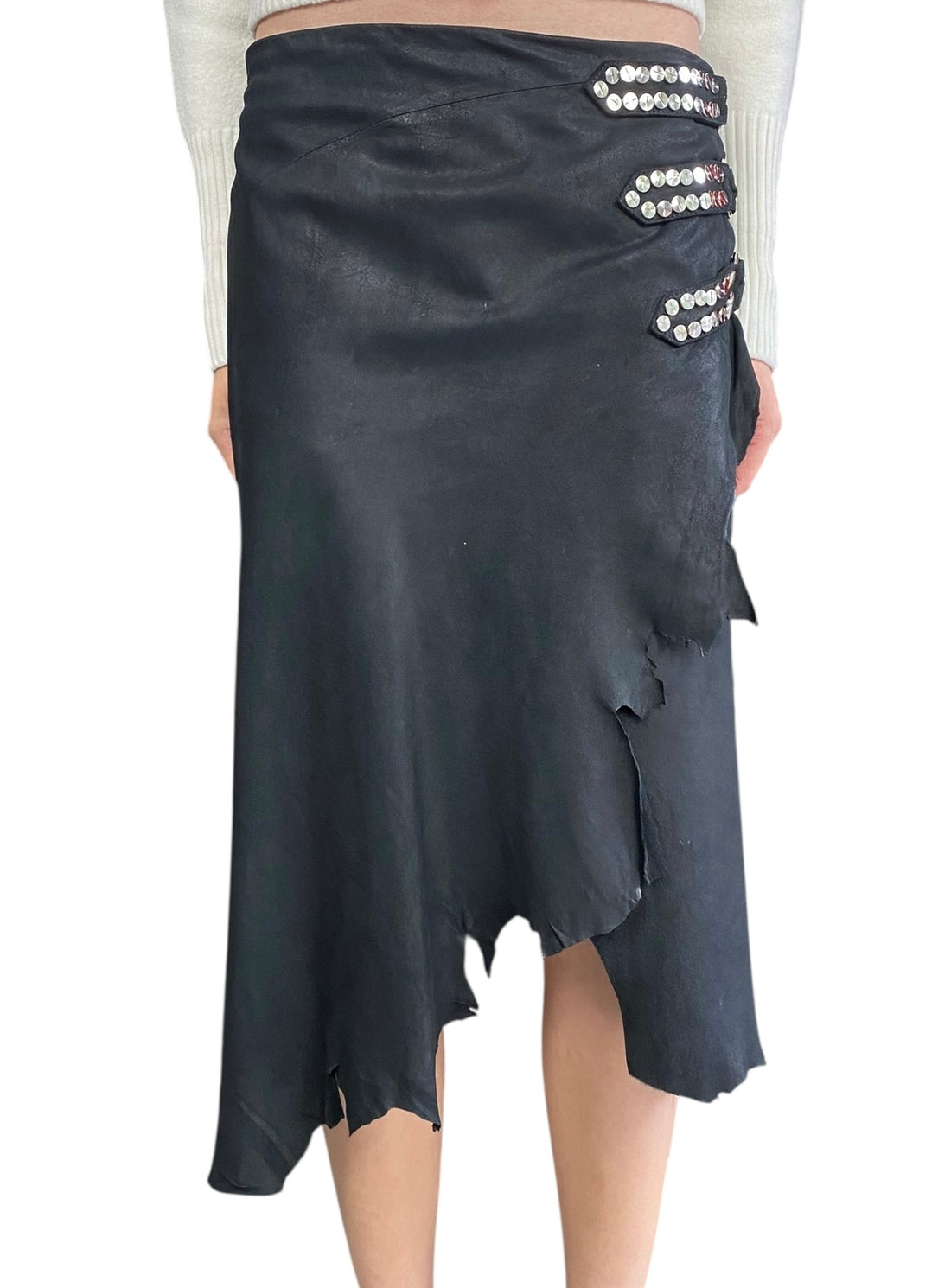 Balmain Black Goatskin Studded Wrap Skirt - FR 44 / US 12