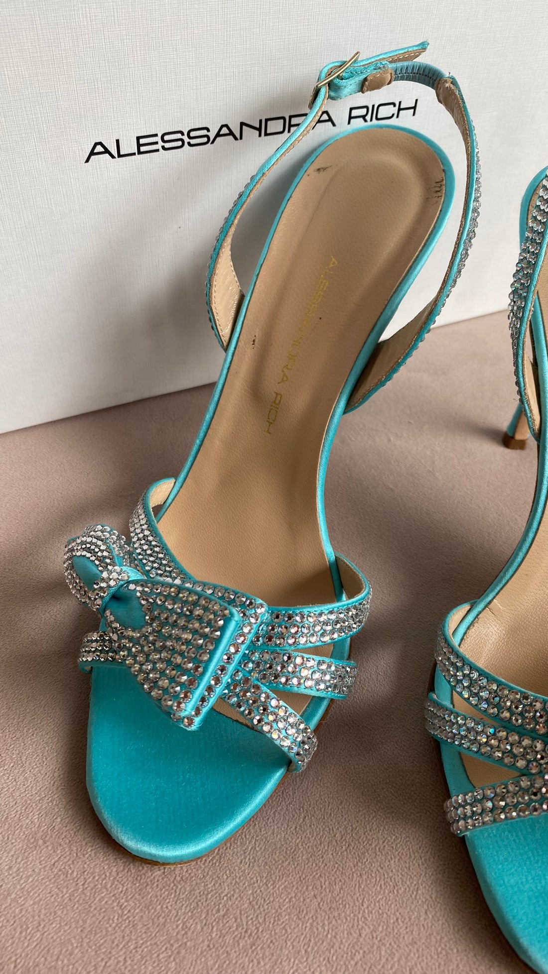 Alessandra Rich Aqua Blue Satin and Rhinestone Slingback Sandals - 38.5