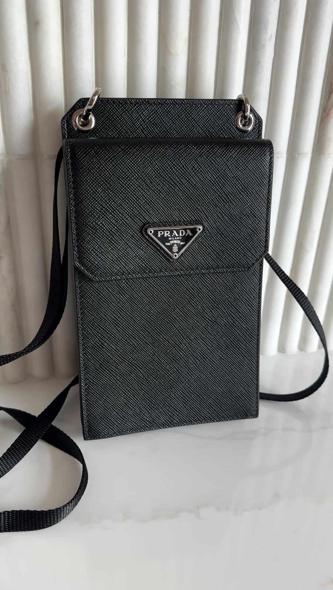 Prada Black Saffiano Leather Crossbody Smartphone Case / Pouch