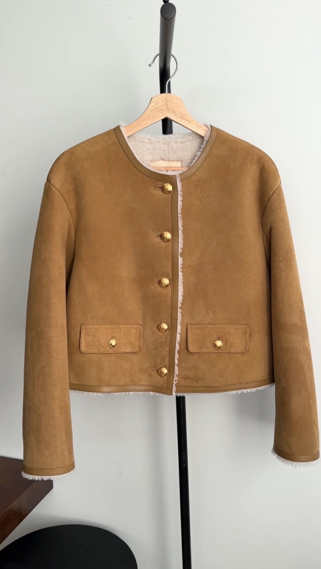 Nili Lotan Tan Shearling Zanie Jacket with Gold Buttons - S