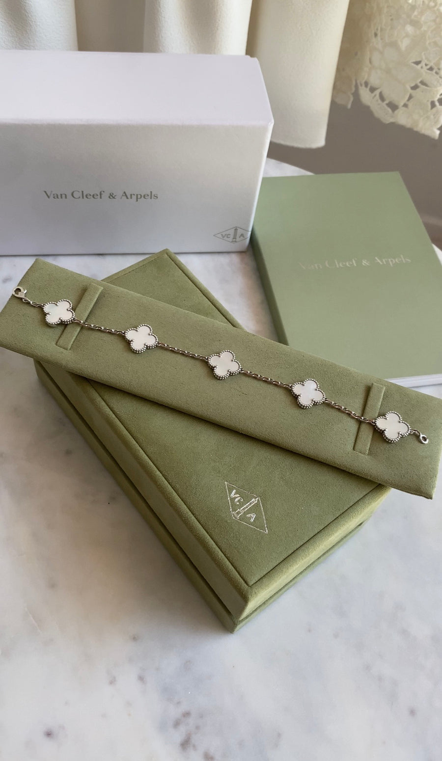 Van Cleef & Arpels Vintage Alhambra 5 Motif 18K White Gold Mother of Pearl Bracelet