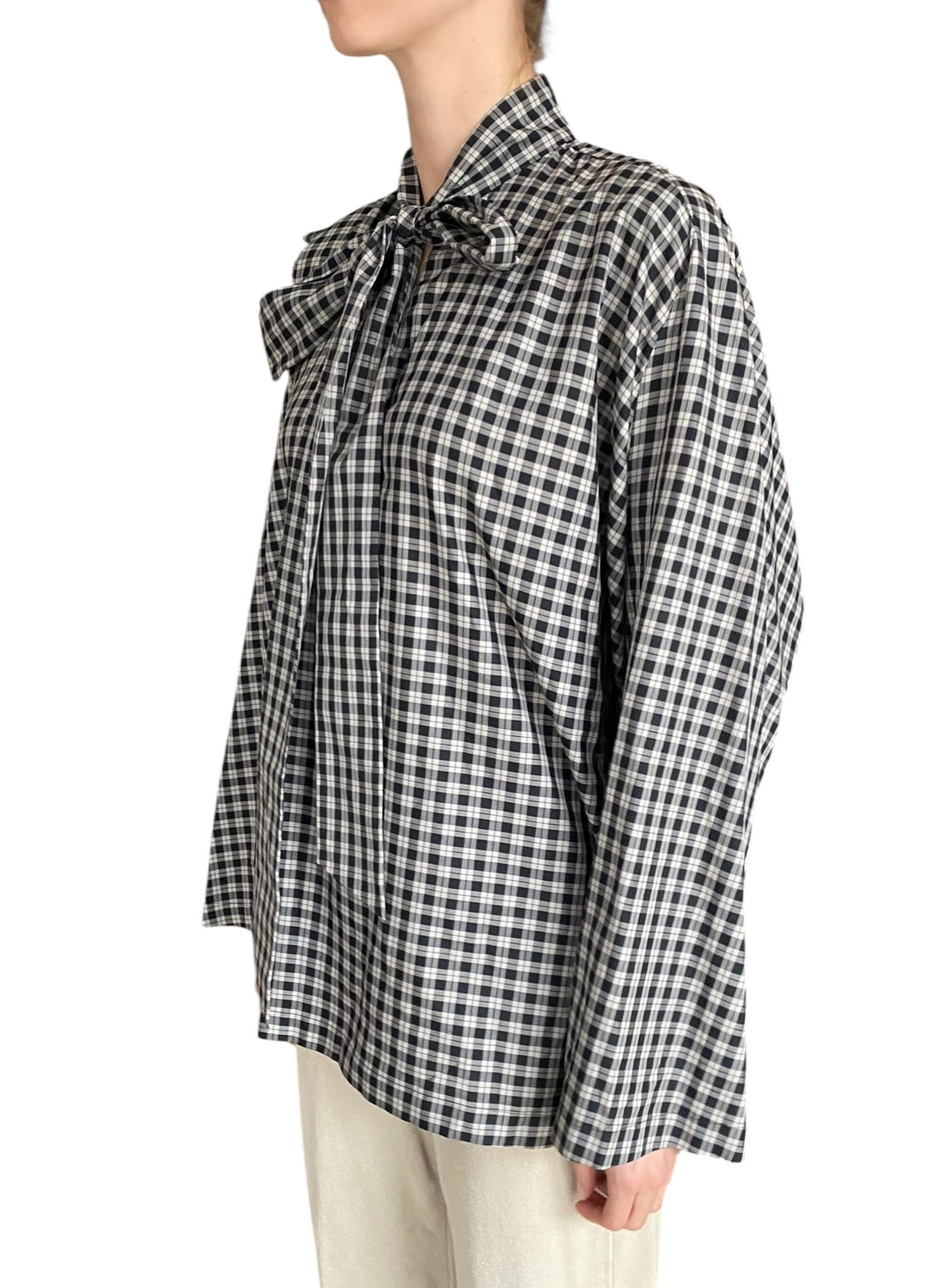 Balenciaga Black Checked Scarf Neck Cocoon Long-Sleeve Blouse- 36 / US 2-4