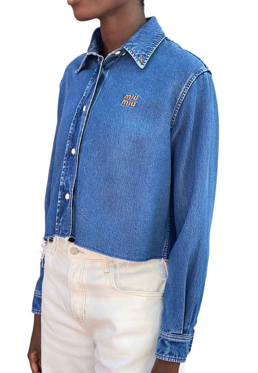Miu Miu Blue Logo Embroidered Cropped Denim Shirt - IT 40 / US 4-6