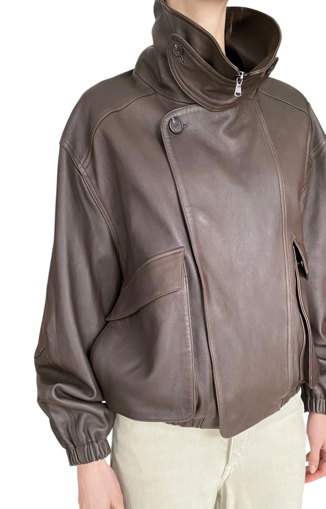 TWP Brown Funnel Neck "Hunter" Oversized Leather Bomber Jacket - S / US 4-6