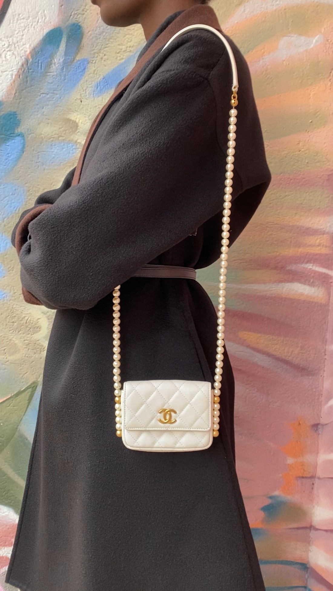 Chanel Ivory White About Pearls Mini Card Holder on Strap
