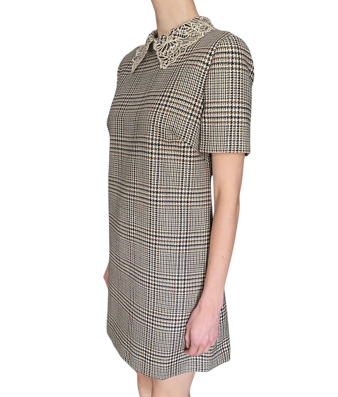 Oscar De La Renta Beige Lace Collar Plaid-Check Mini Shift Dress -  US 6