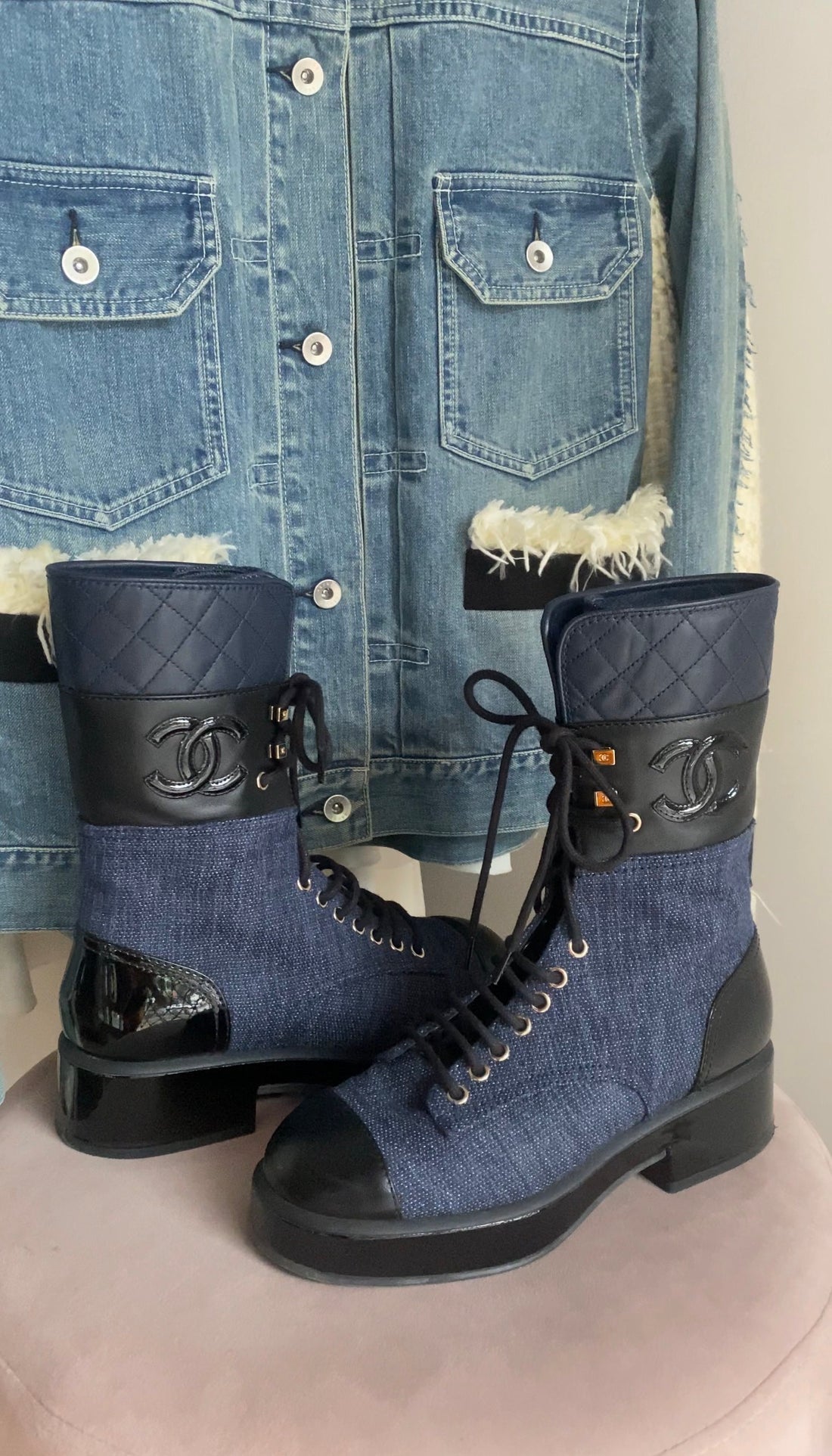 Chanel 22B Denim Combo CC Quilted Platform Ankle Boots - 37.5 / 7