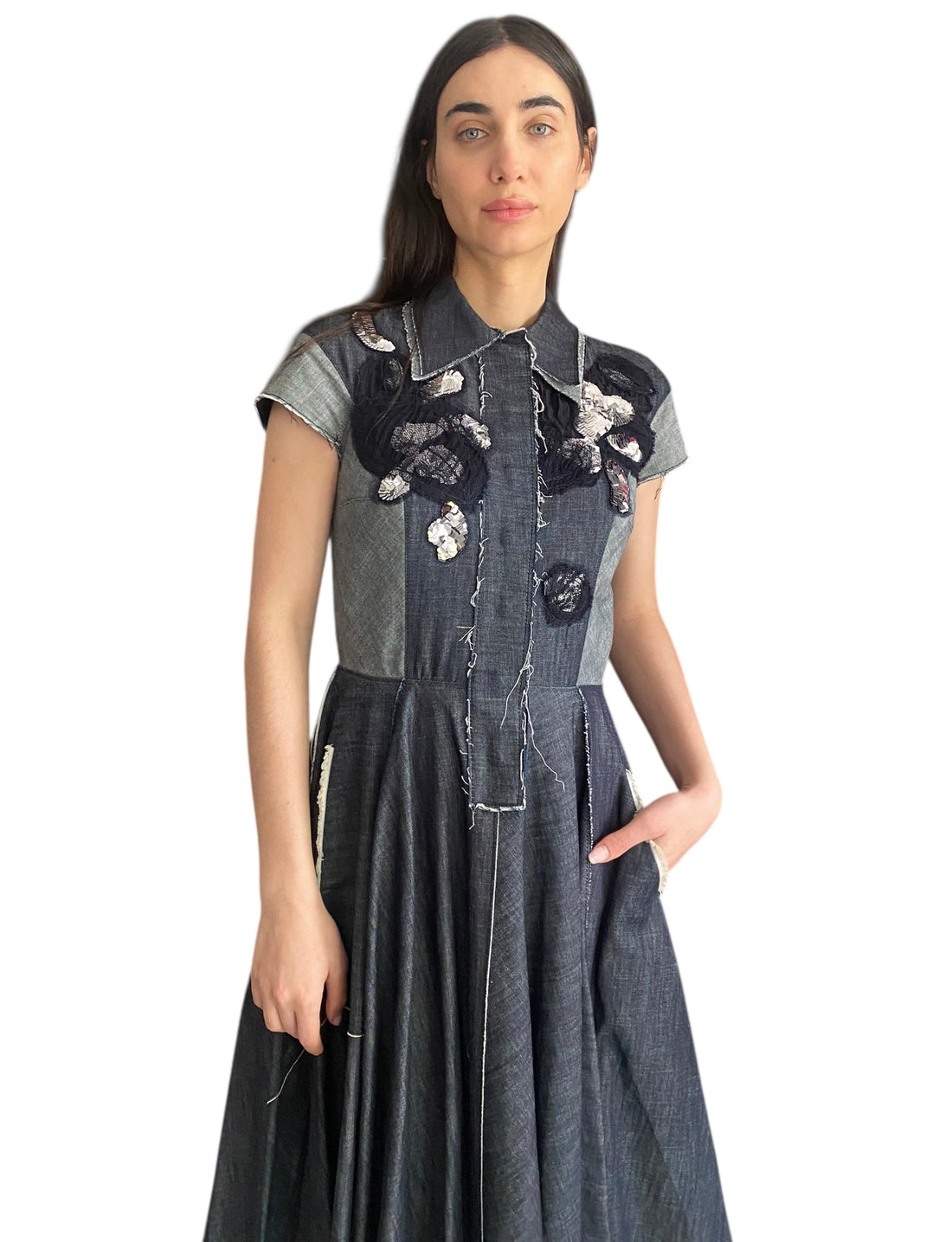 Bottega Veneta Denim Panel Asymmetrical Sequin Embellished Dress