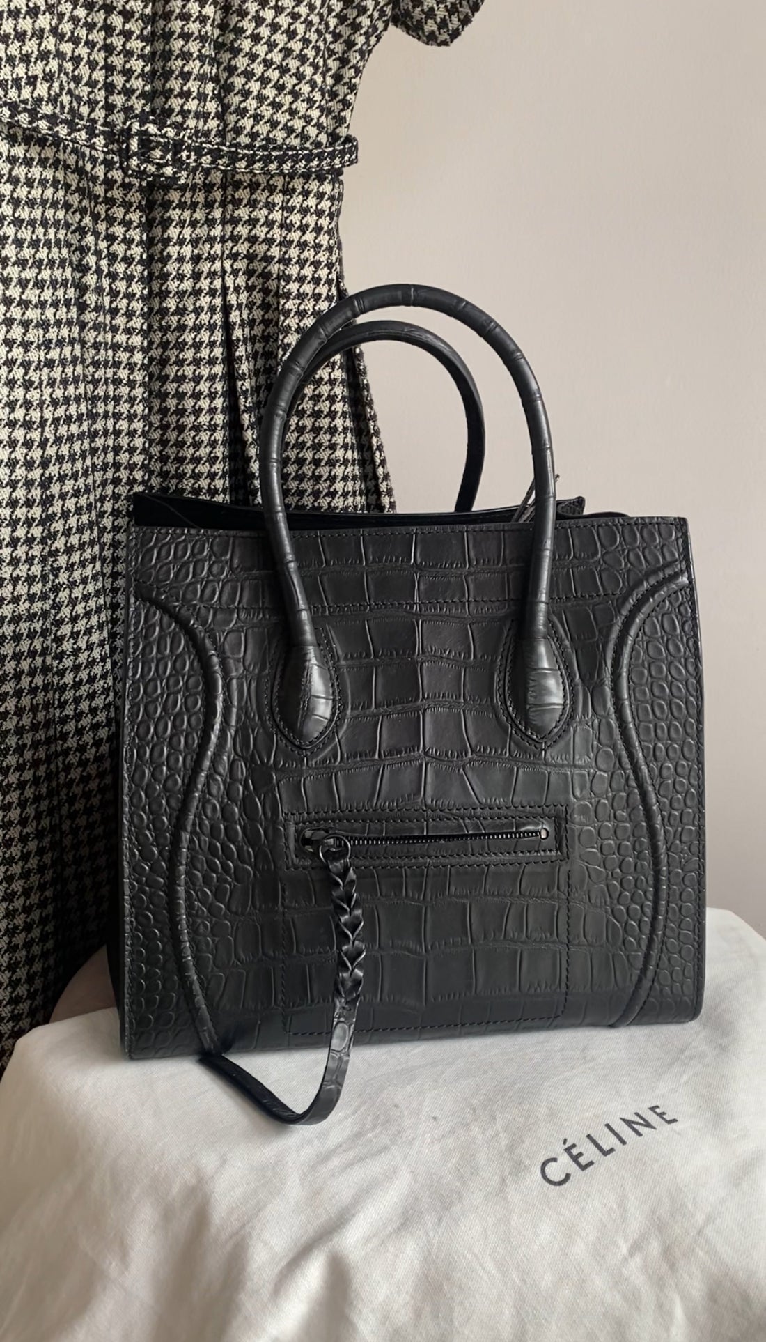 Celine Black Croc-Embossed Medium Phantom Luggage Tote