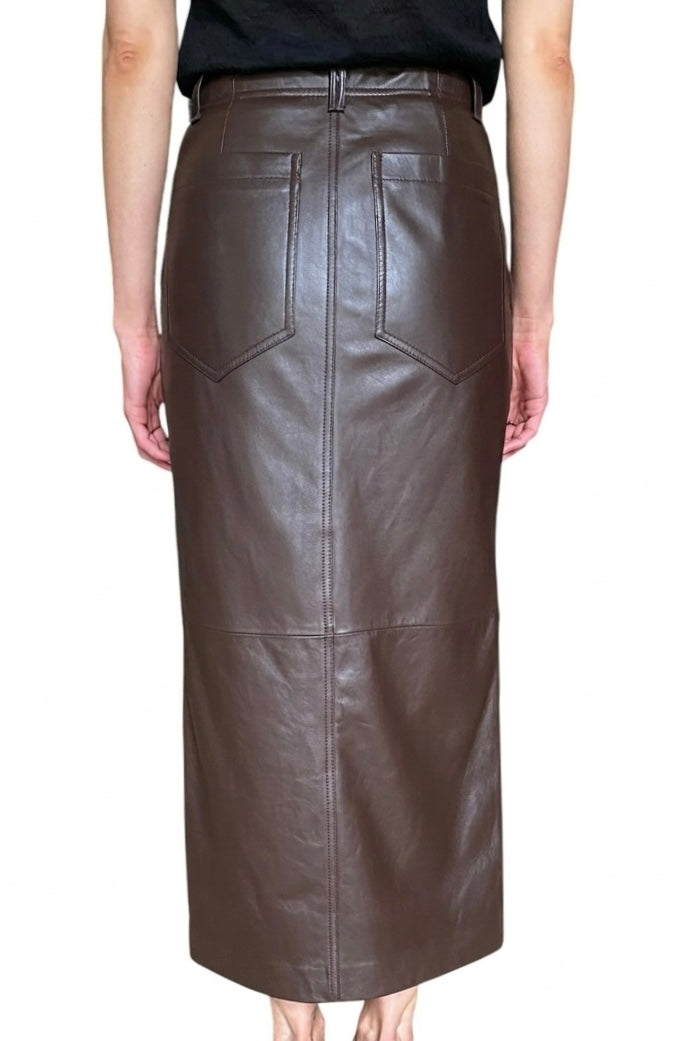 Brunello Cucinelli Chocolate Brown Lambskin Leather Midi Skirt - IT 40 / US 4