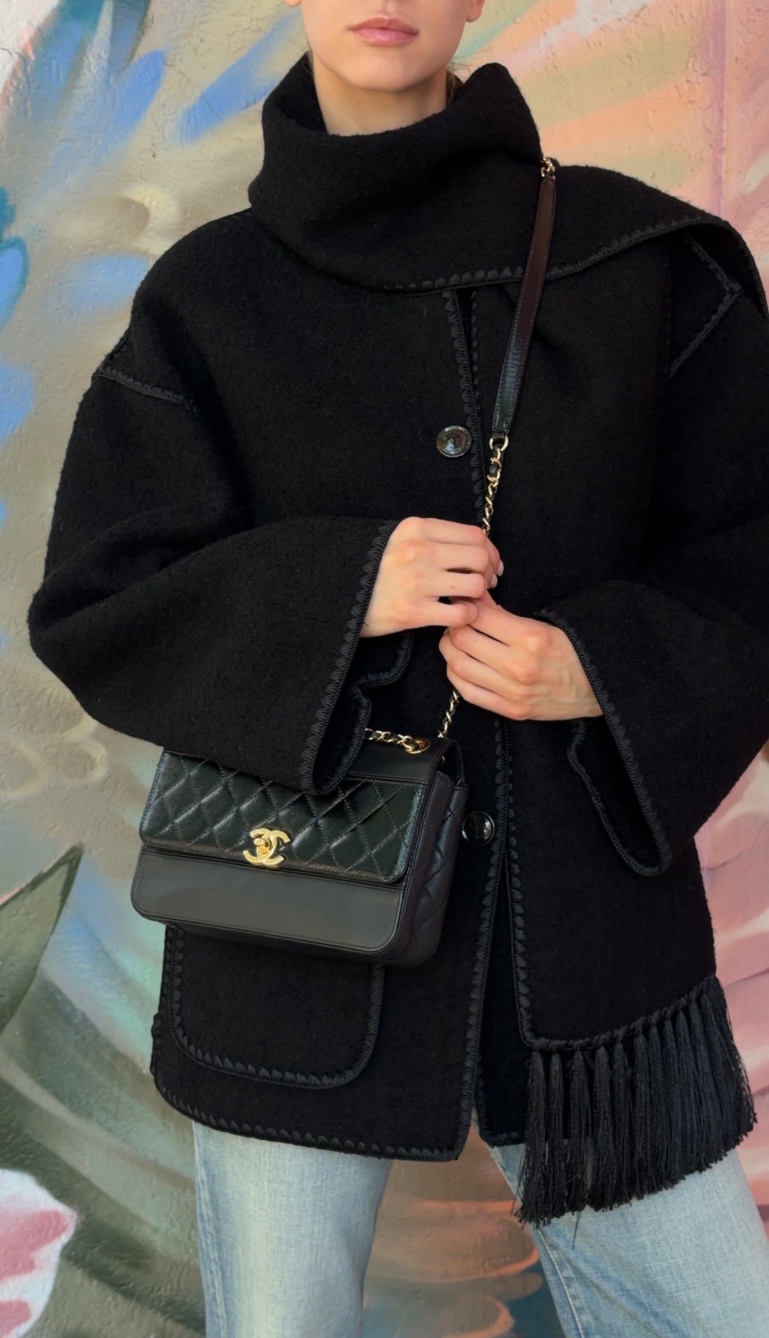 Chanel Black Calfskin and Patent Medium Chain Medium Flap Bag