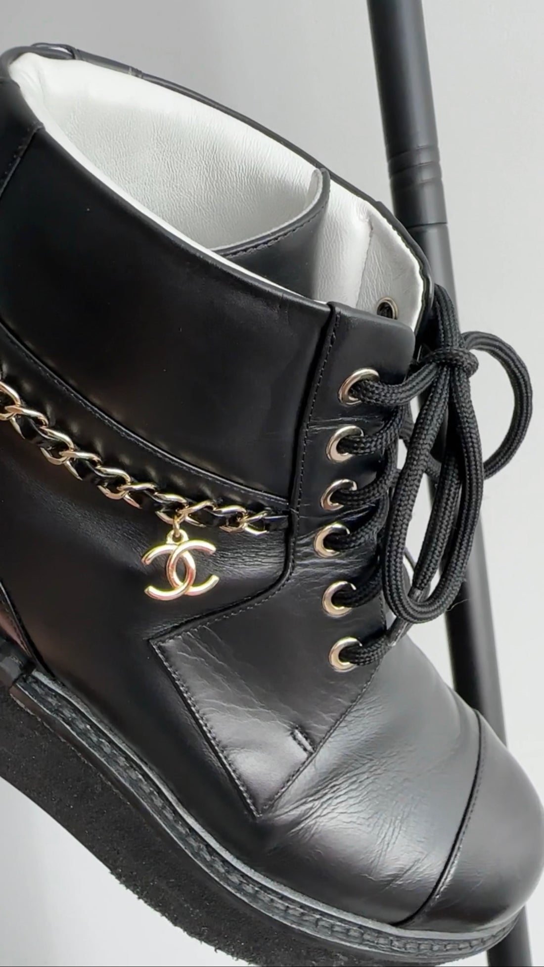 Chanel 2022 Black Leather Chain Platform Boots - 37.5 / 37