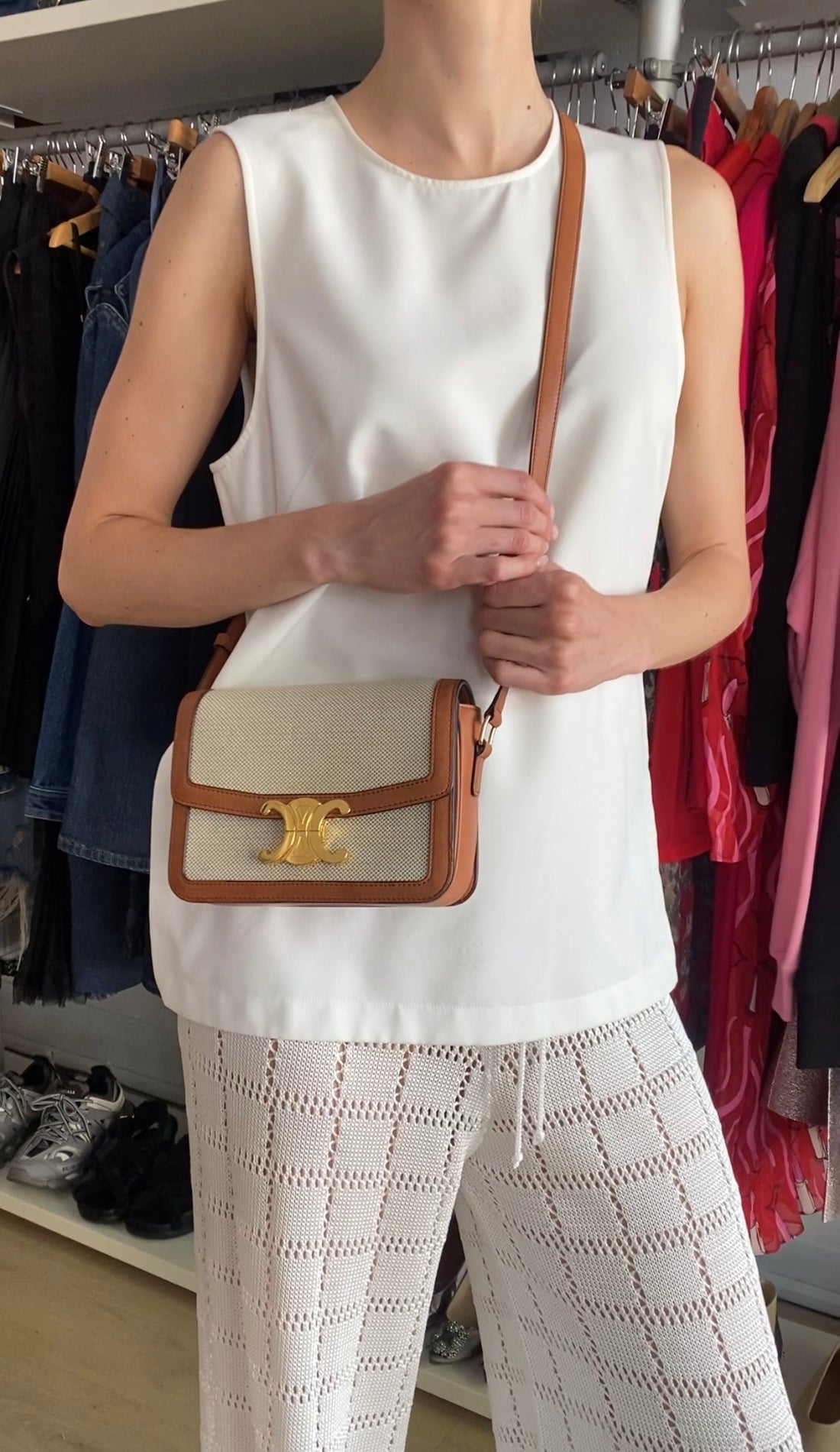 Celine Teen Triomphe Natural Toile and Tan Brown Calfskin Crossbody Bag